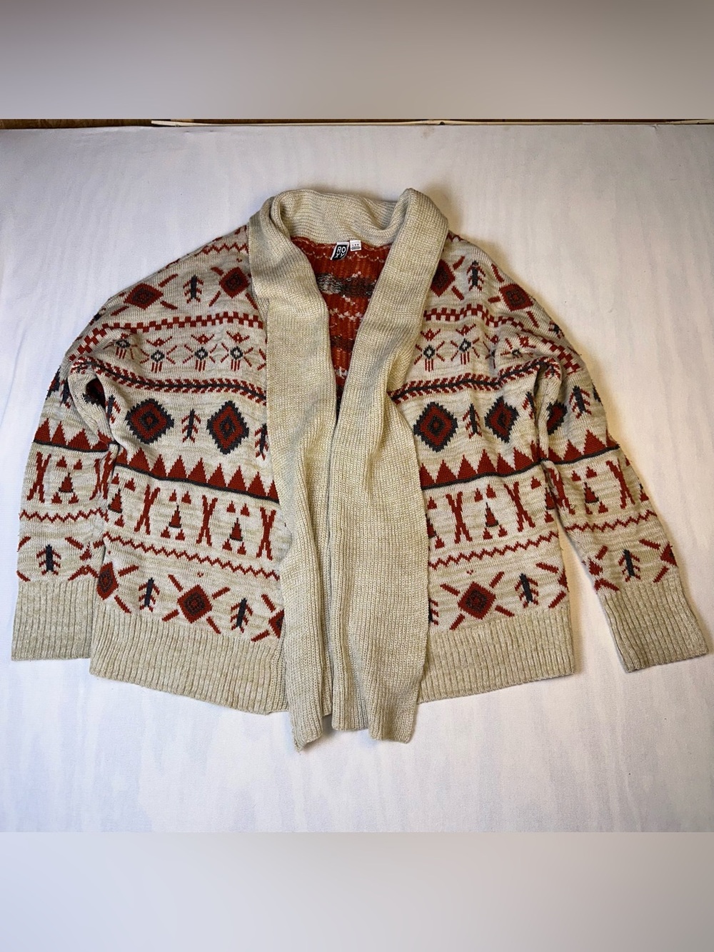 Roxy Beige Shawl-Collar Cardigan w/ Rust Aztec Southwestern Pattern Size: Large